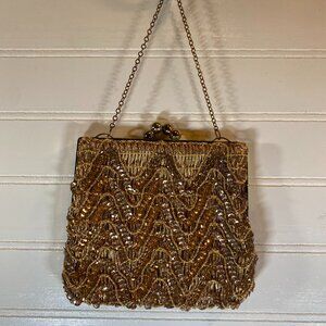 Cute Gold Sequined Evening Clutch Purse with Gold Lock Closure